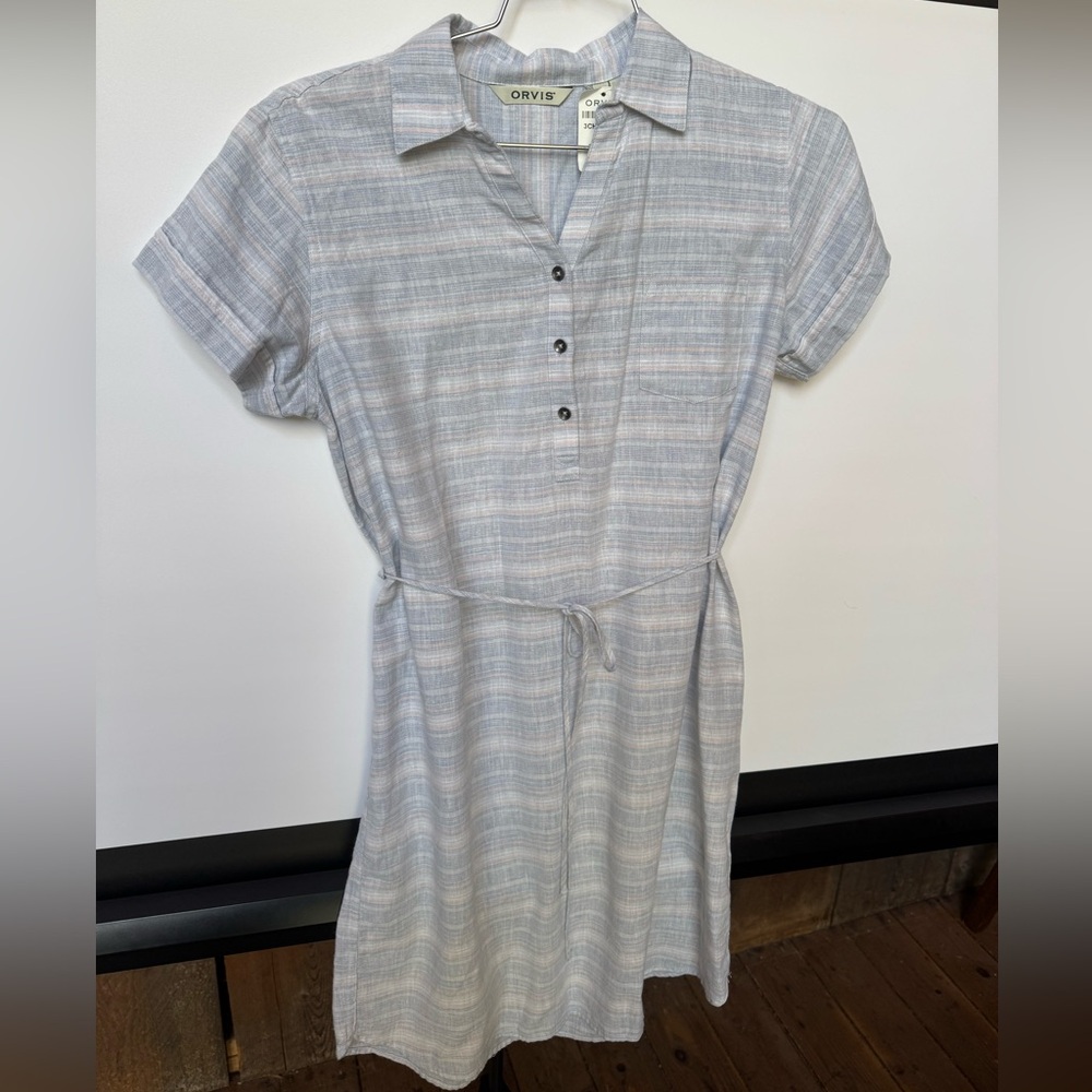 Orvis Pale Blue & White Striped Midi Shirt Dress